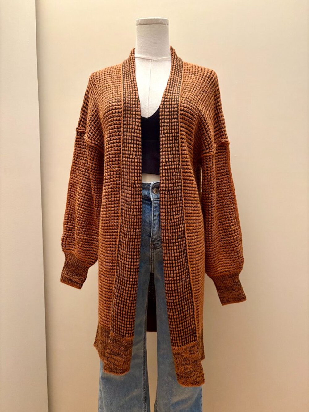 Open-Front Waffle Knit Long Cardigan Sweater